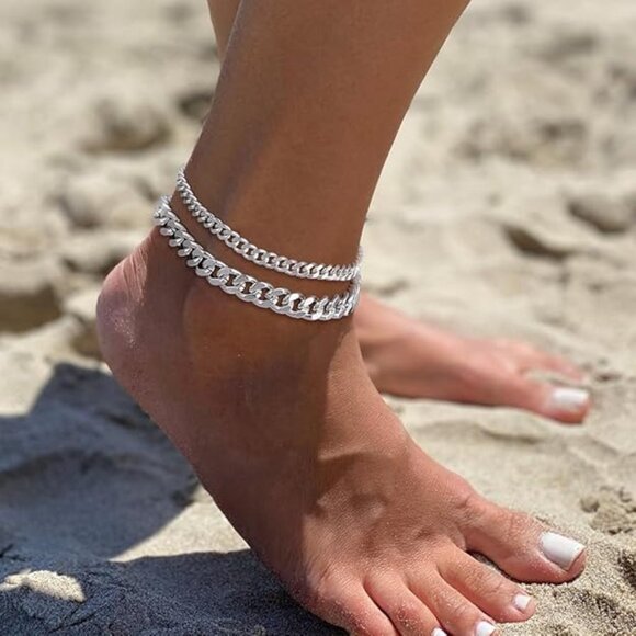 Ankle Bracelets for Women: Layered Cuban Chain-Silver - Picture 1 of 7